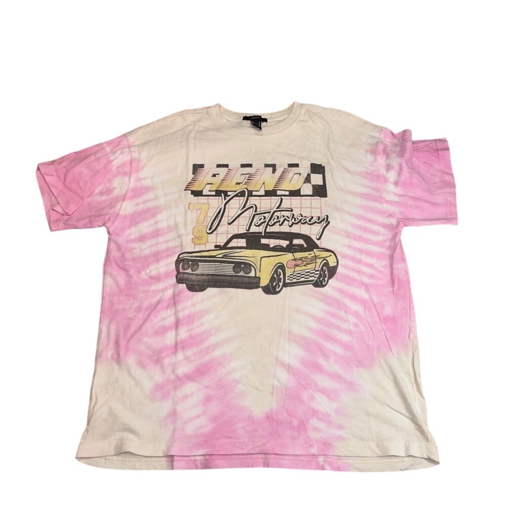 Forever 21 RENO Motorway Cream Pink Tie Dye T-Shirt Womens Medium Graphic Tee